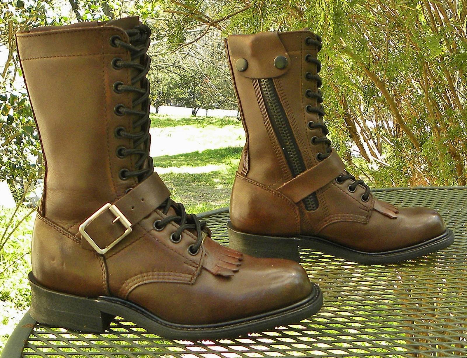Vintage Double H Leather combat Boots--lace up western Buckles Kilties W... - $109.95