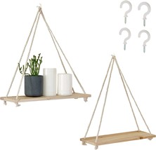 Hanging Shelves For Wall [Set Of 2 W/ Hooks] Wooden Shelf Macrame Rope, Natural - £26.23 GBP