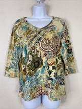 Westbound Women Size M Beige Geometric Floral Knit Blouse Metal Studs 3/... - £5.18 GBP
