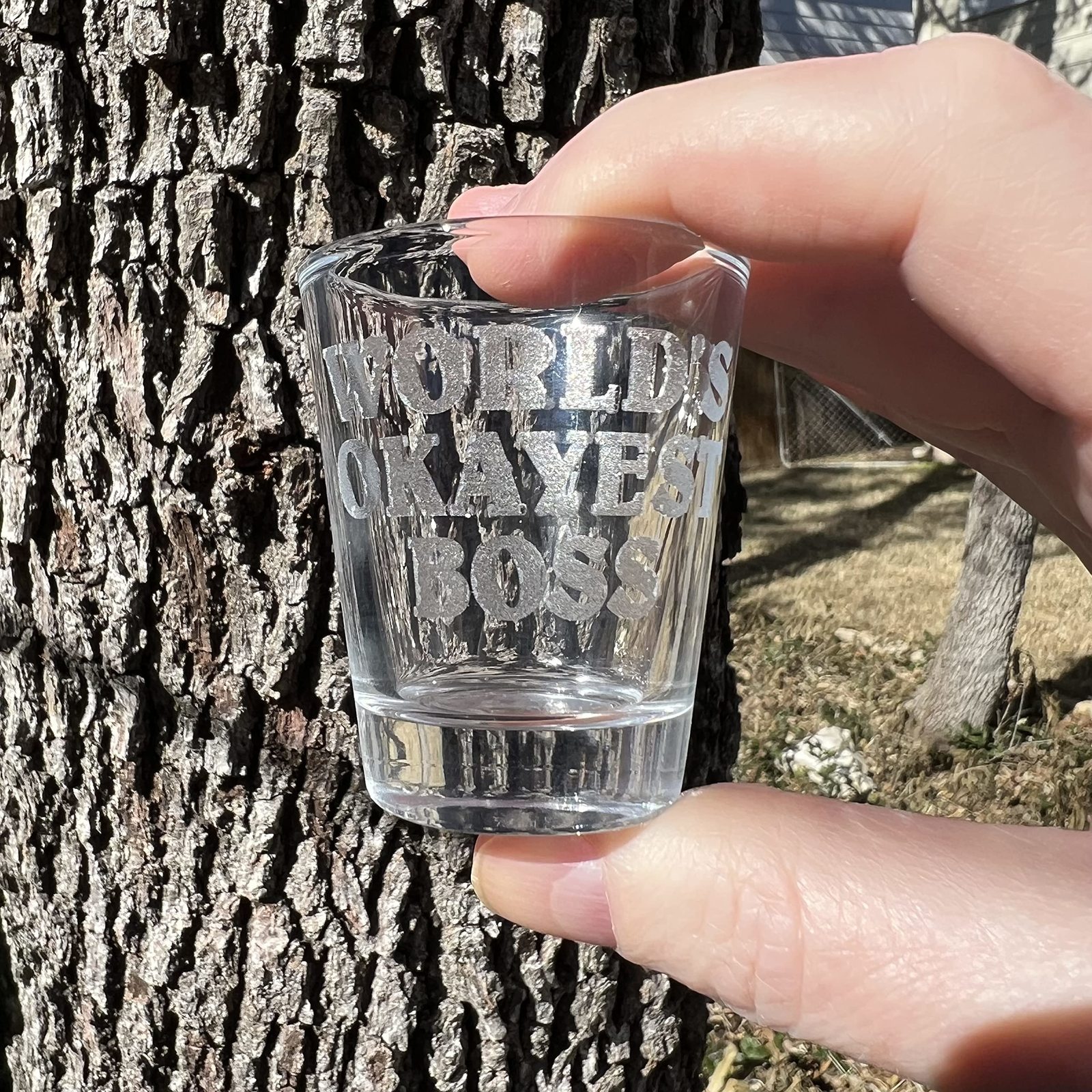 2oz Worlds Okayest Boss Shotglass LASER 2oz Worlds Okayest Boss Shotglass LASER
