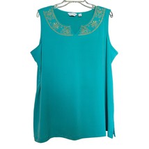 Susan Graver Womens Top Blue XL Sleeveless V Neck Gold Embroidered Flora... - $18.81