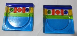 2 Fused Art Glass Coasters 4&quot; x 4&quot; Square  Blue With Orange Yellow Green - £15.98 GBP