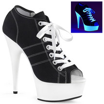 PLEASER 6&quot; Heel Lace Up Peep Toe Platform Blacklight Black Canvas Sneake... - £58.19 GBP