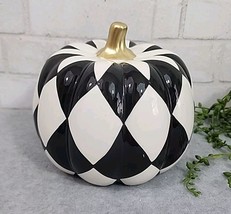 Halloween Black White  Mackenzie Style Harlequin Pumpkin Figurine Fall Decor NEW - $31.44