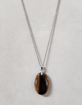Natural Tiger&#39;s Eye Solitaire on Stainless Steel Chain 20 inches Reversible - £11.14 GBP