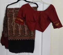 WOMENS India Saree With Blouse Burgundy Black Beige Paisley Wool/Silk Blend - £31.15 GBP