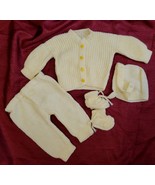 Vintage Handmade Baby Crochet/Knitted Yellow 4 Pc Sweater Booties Bonnet... - £40.27 GBP