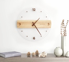 Large mid century modern wood wall clock, Silent digital glass wall cloc... - $100.00