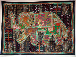 Vintage Tapestry Elephant Patchwork Wall Hanging Hippie Handmade Embroidered E80 - £30.96 GBP