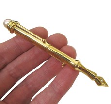 VTG Gold Plated Fountain Pen Brooch Pearl Lapel Pin Rhinestone Premier Design - £23.18 GBP