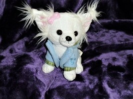 TOY NETWORK  dog white Pappilon plush stuffed Pink Ears Pink bow Blue jacket - $148.49