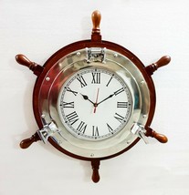 Marine 18&quot; Wooden Ship Wheel Porthole Vintage Clock Nautical Office Wall Clock - £70.42 GBP