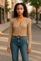 Stradivarius Knit Cardigan Distressed Open Weave Cropped Sweater College... - $26.00