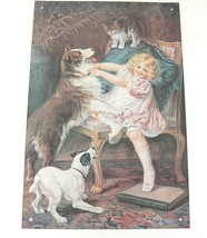 Kiss and Be Friends Metal Sign Girl Playing with Collie Dog &amp; Cat Reproduction - £6.68 GBP
