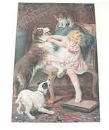 Kiss and Be Friends Metal Sign Girl Playing with Collie Dog &amp; Cat Reprod... - $8.90
