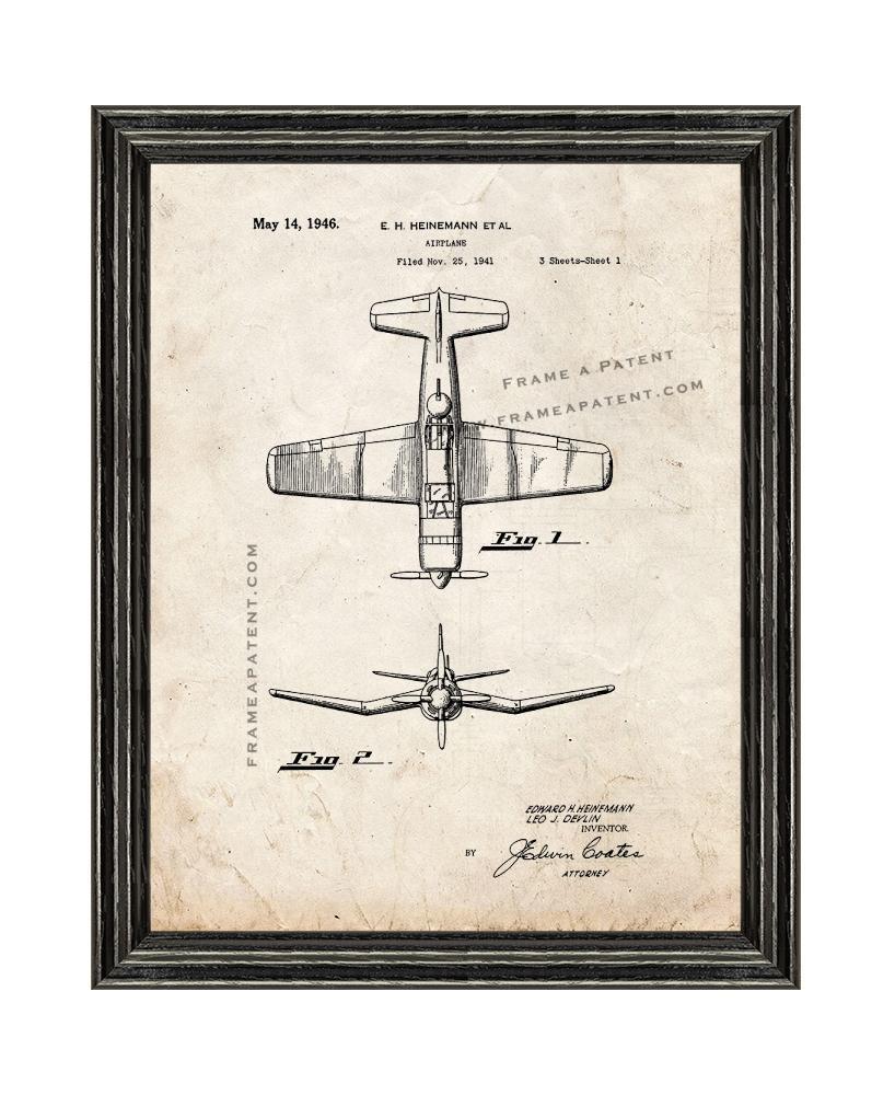 Airplane Patent Print Old Look with Black Wood Frame