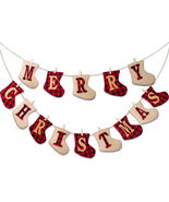 Merry Christmas Burlap Banner-Sock Shaped Christmas Decoration,Outdoor I... - $14.00