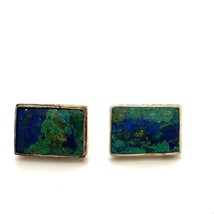 Vintage Sign Sterling Old Pawn Navajo Azurite Malachite Stone Rectangle Earrings - £35.91 GBP
