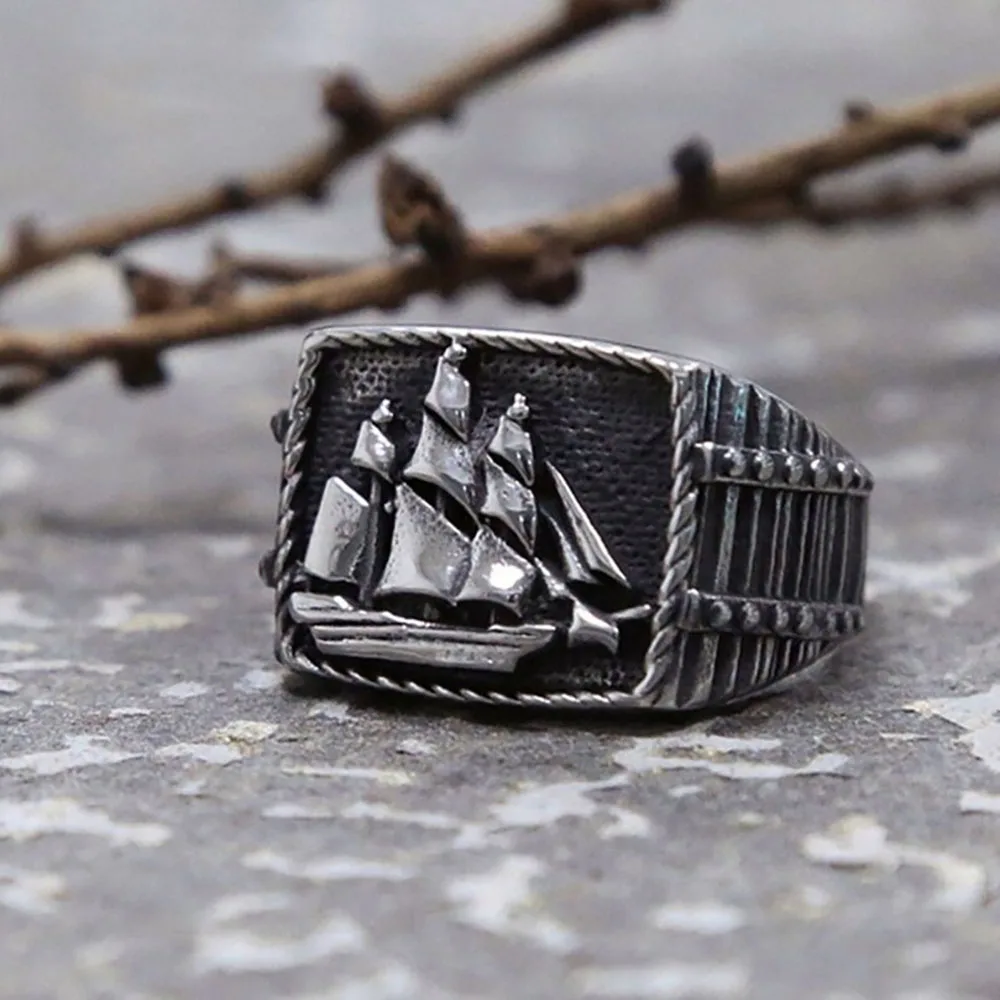 Vintage Viking Pirate Carved Sailing Ship Statue Mens Ring For Hip Hop Punk Male - £11.27 GBP