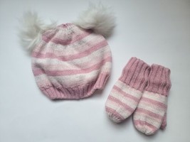 Baby Gap Girls Pink Striped Hat+Mitten Set 2 Furry Pom Poms XS/S 12-24 Mos NWT - £16.86 GBP