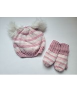Baby Gap Girls Pink Striped Hat+Mitten Set 2 Furry Pom Poms XS/S 12-24 M... - $30.13 CAD