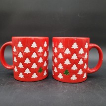 2 Rare Waechtersbach WAE13 Red Ceramic Mug White Christmas Trees Imperfe... - $19.79