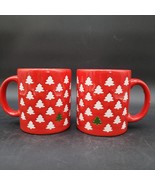 2 Rare Waechtersbach WAE13 Red Ceramic Mug White Christmas Trees Imperfe... - $376.79 MXN