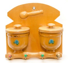 Vintage Hand Made Wood Wall Hanging Keys &amp; Accessory Holder 2 Jar With Lid - £13.41 GBP