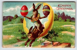 Easter Postcard Fantasy Bunny Rabbits Burst Out Of Giant Egg 1909 Germany - £25.78 GBP