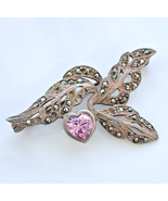 SU 925 STERLING SILVER  PINK HEART AND MARCASITES BROOCH - $477.77 MXN