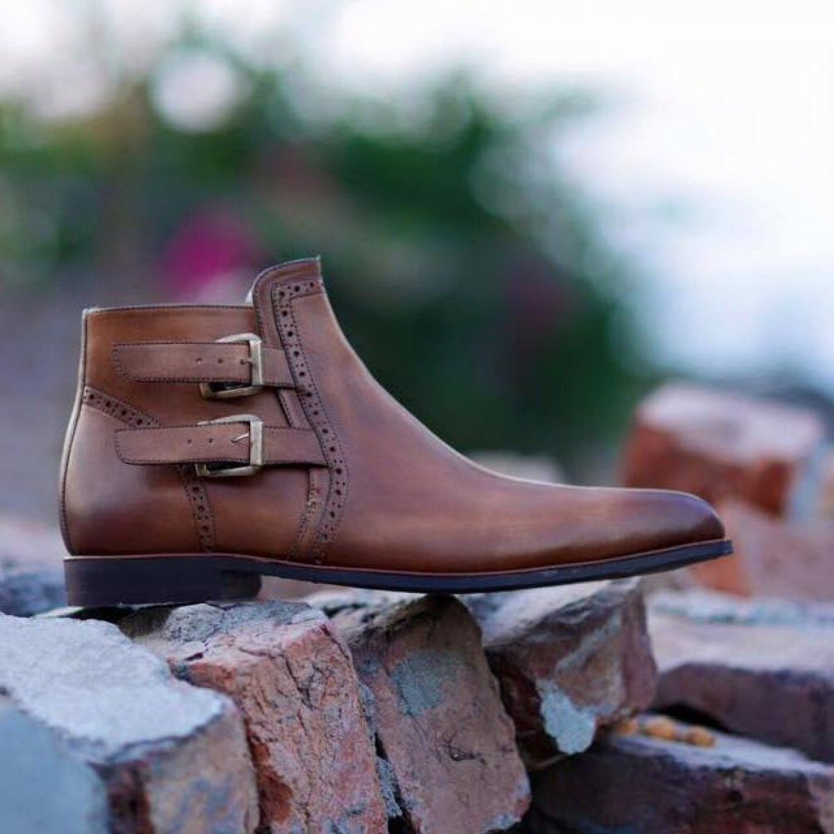 Hand Stitched Mens Latest Brogues with Double Buckles Real Leather Boots Shaded