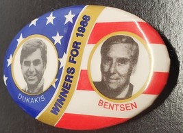 Dukakis Bentsen Winners For 1988 US Flag campaign button - oval shape - $9.28