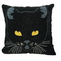 Pier 1 Black Cat Accent Pillow Beaded Square  13.5&quot; x 13.5” Halloween Decor - $64.30