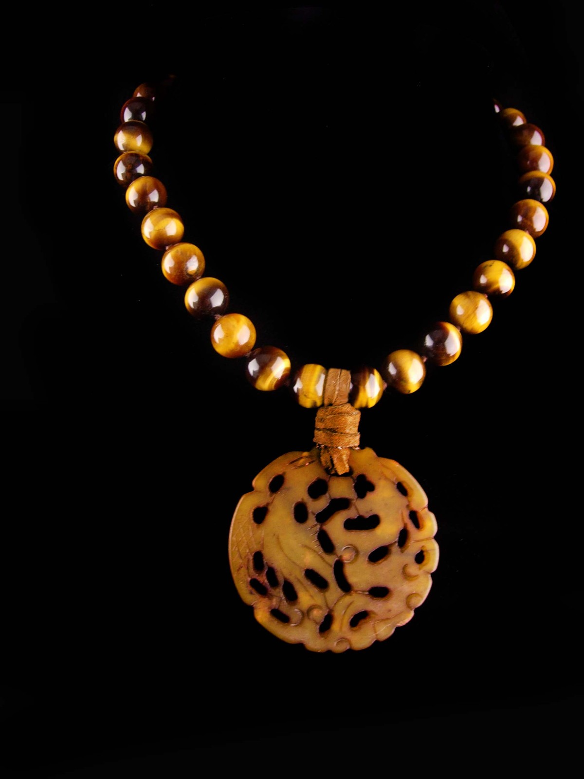 Primary image for sterling TigerEye necklace - 18" long - hand knotted - Vintage carved dragon pen