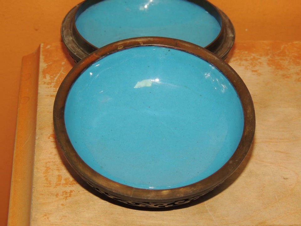 Chinese Cinnabar type 3.5" Round Box Carved Relief peony flowers blue enamel int Item image 7