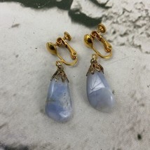 Drop Dangle Clip On Earrings Blue Polished Rocks Clip Ons Gold Toned Fas... - $14.84