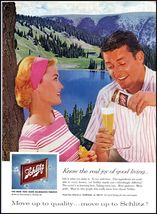 1950s Schlitz Beer PRINT AD Man &amp; Lady at Mountain Lake BX2 - $9.49