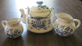 Vintage Oriental Blue and White Tea Pot with Two Creamers Wire Handel Te... - $45.00