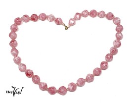 Vintage Bead Necklace - Pink Marbleized Bead Single Strand  - 26&quot; Long -... - £16.02 GBP
