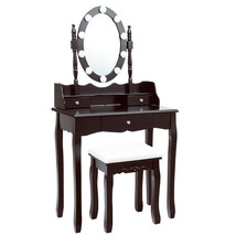 Oval Mirror Vanity Set  with 10 LED Dimmable Bulbs and 3 Drawers-Brown -... - $232.49