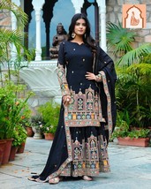 Black Pure Chinnon Silk Top-Sharara Set with Intricate Embroidery and Se... - $60.00