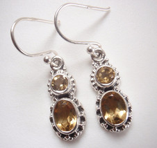 Faceted Citrine Double Gem 925 Sterling Silver Dangle Earrings Round and Oval - £14.38 GBP