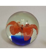 Delicate Orange Flower Cobalt Blue Base 3&quot; Glass Globe Paperweight Cente... - £11.94 GBP