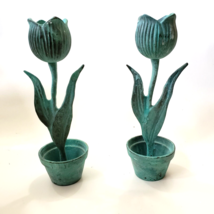 Taper Candle Holder Tulip Flower metal Blue Patina set of 2 distressed - £19.97 GBP