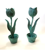 Taper Candle Holder Tulip Flower metal Blue Patina set of 2 distressed - £19.68 GBP