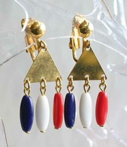 Mid Century Modern Red, White &amp; Blue Drop Gold-tone Clip Earrings 1960s 1 5/8&quot; - £9.83 GBP