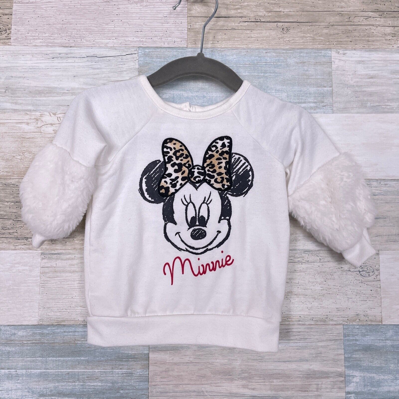 Disney Minnie Mouse Faux Fur Sleeve Raglan Top White Baby Girl 0-3M 0-3 Months - $8.90