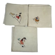 Vtg Embroided  Napkins Set Of 3 Boy With Dog Mexican Man Flute Lady With... - $18.69