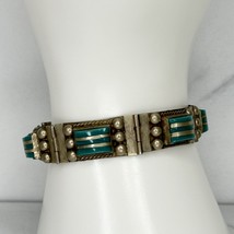 Vintage Mexico Silver Tone and Teal Chain Link Panel Bracelet - £31.53 GBP