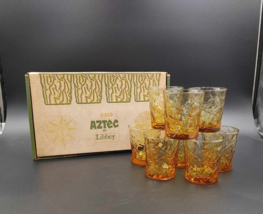 Set of 8 Libbey Aztec Old Fashioned Glass Tumblers Gold Amber 8 oz Origi... - $27.67